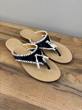 Jack Rogers Alana Tassel Thong Leather Sandals Navy White